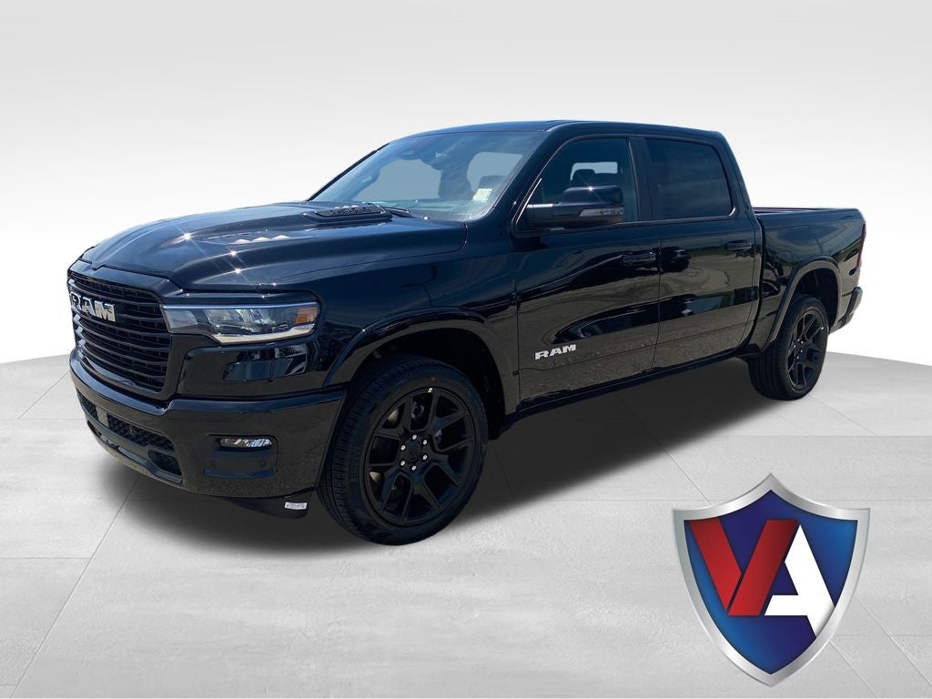 2026 RAM Ram 1500 RAM 1500 LARAMIE CREW CAB 4X2 5'7' BOX in Diamond Black Crystal Pearl-Coat Exterior Paint — front three-quarter view